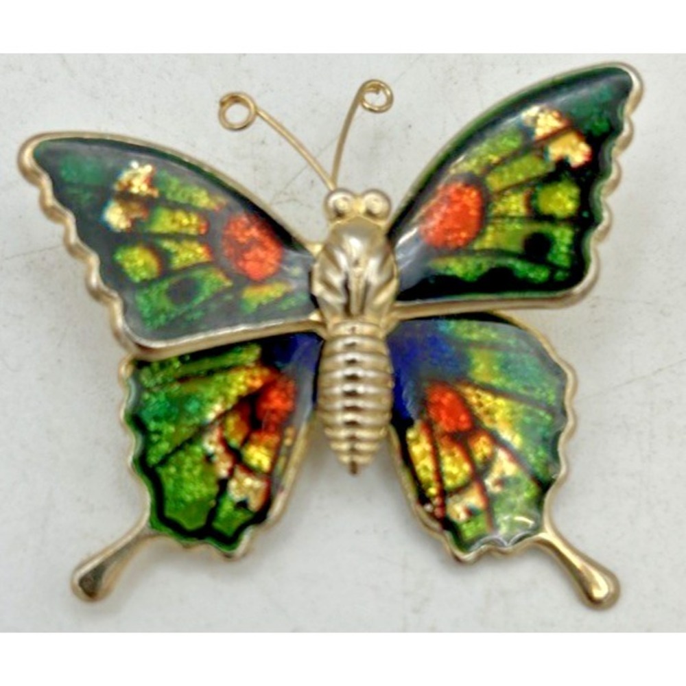 Vintage Glittery Enamel Butterfly Brooch Pin Multi Color Green Orange Gold Tone